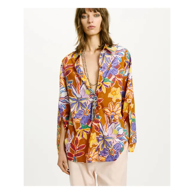 Camicia Iwaki in popeline di cotone stampato | Tabacco