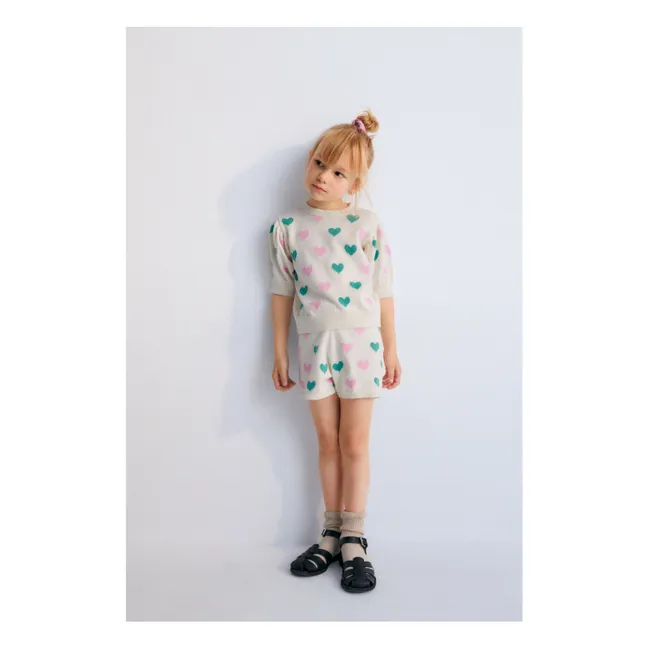 Maglione a maniche corte con cuori in cotone biologico Oia | Ecru