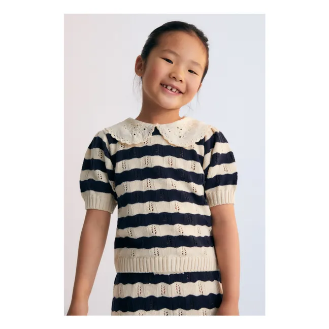 Pull Manches Courtes Rayures Marina Coton Bio | Bleu marine