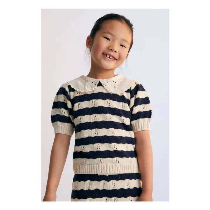 Pull Manches Courtes Rayures Marina Coton Bio | Bleu marine- Image produit n°1