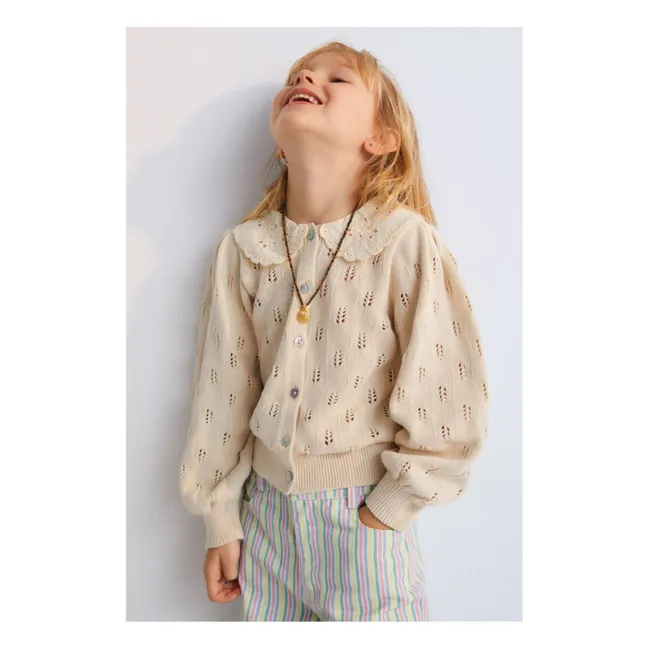 Cardigan Fleurs Col Dentelle Marina Baby Coton Bio | Beige