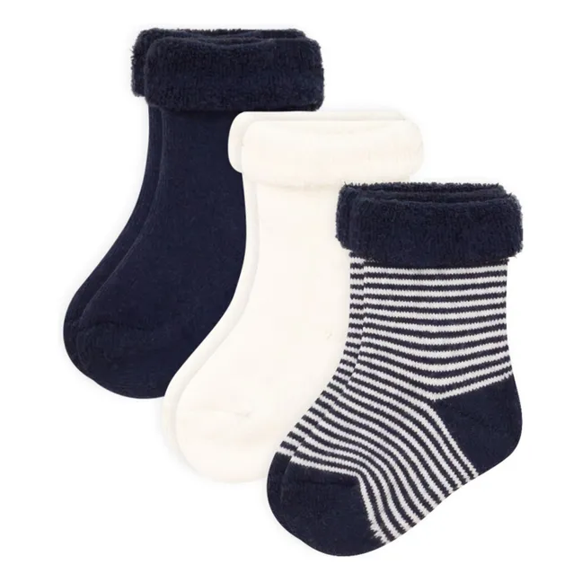 Set of 3 Striped Bouclette Socks | Navy blue
