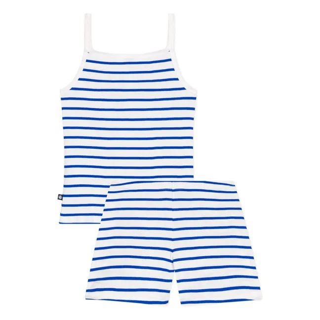 Pijama corto marrón de algodón orgánico con tirantes | Azul