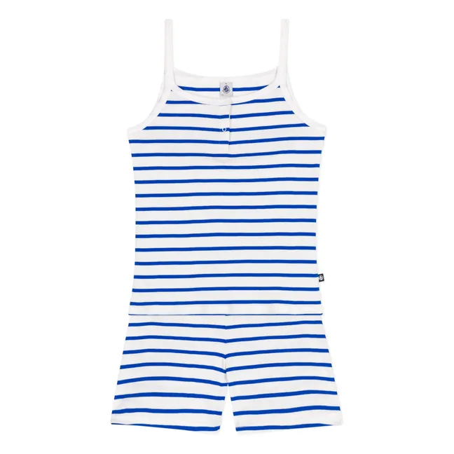 Pijama corto marrón de algodón orgánico con tirantes | Azul