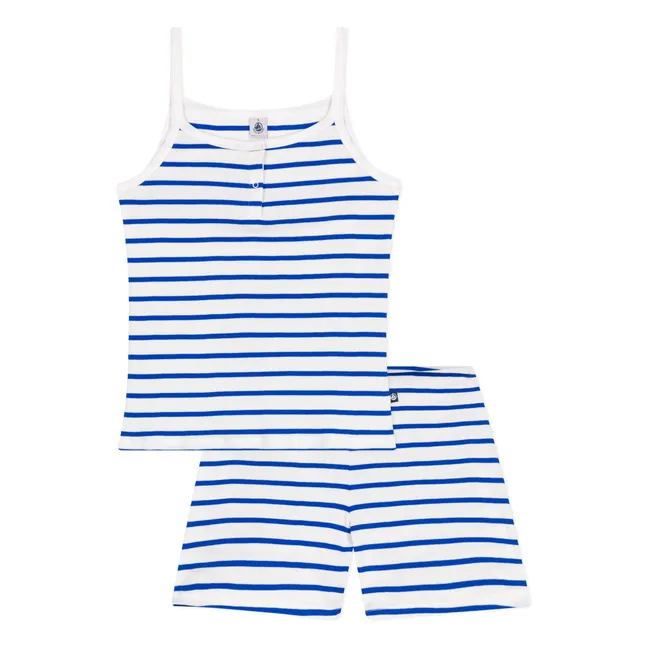 Pijama corto marrón de algodón orgánico con tirantes | Azul