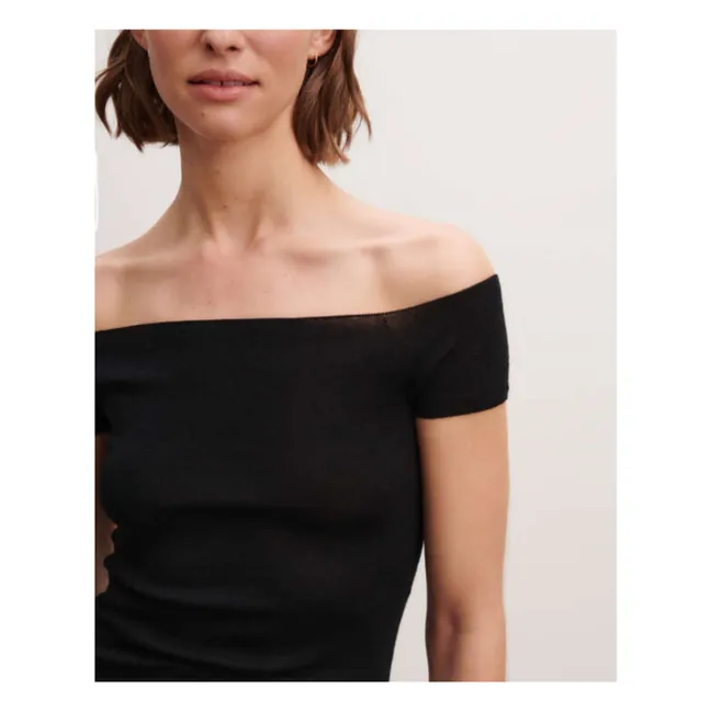 Top de punto con cuello Bardot de cachemira y seda | Negro