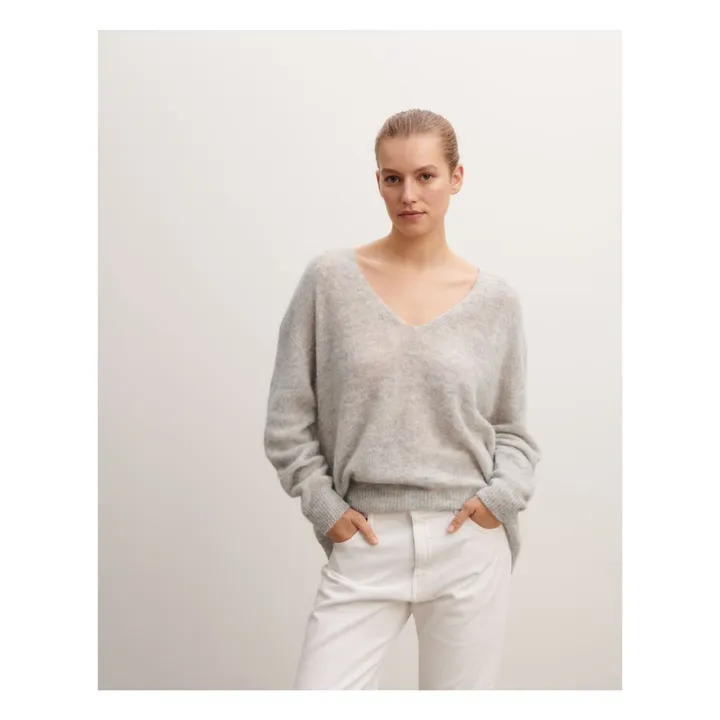 Baby Alpaca and Cashmere Oversized V-Neck Sweater | Silver grey- Product image n°1