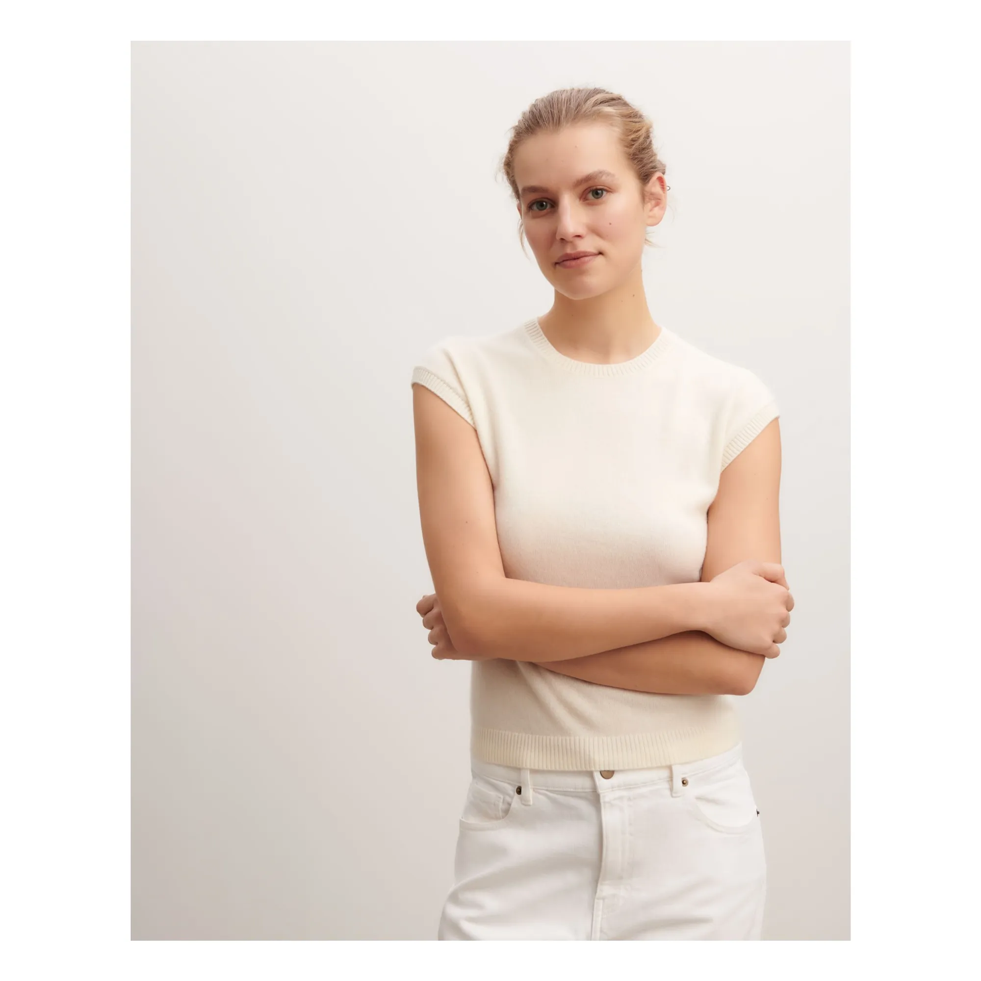 Pull Manches Courtes Ras de Cou Cachemire | Naturel- Image produit n°1