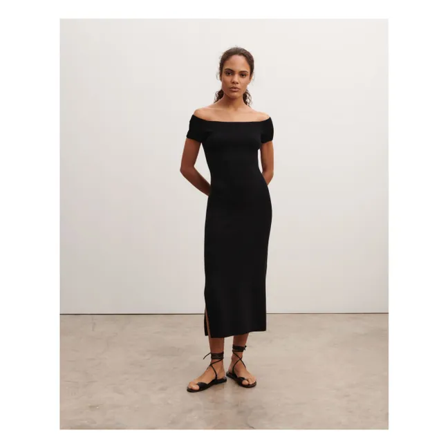 Abito con colletto Bardot in seta e cashmere | Nero