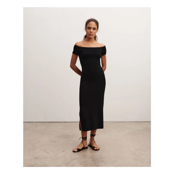 Vestido con cuello Bardot de seda y cachemira | Negro- Imagen del producto n°1