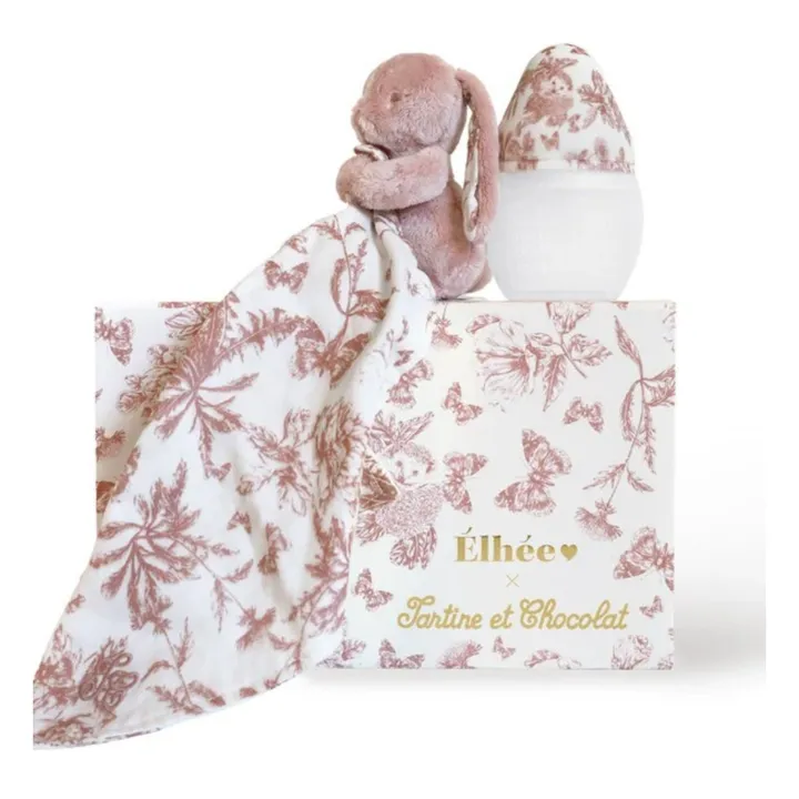 Coffret biberon en silicone médical et doudou lange Augustin le lapin Toile de Jouy  - Elhée x Tartine et Chocolat | Rose pêche- Image produit n°0
