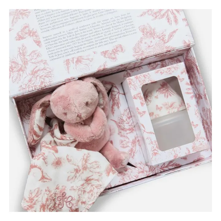Coffret biberon en silicone médical et doudou lange Augustin le lapin Toile de Jouy  - Elhée x Tartine et Chocolat | Rose pêche- Image produit n°3