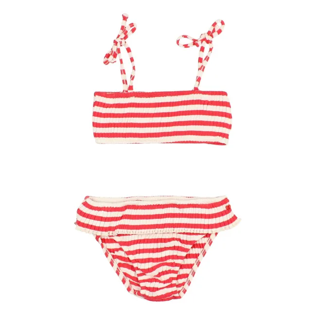 Maillot de Bain 2 pièces Côtelé Rayures Coton Bio | Rouge vermillon