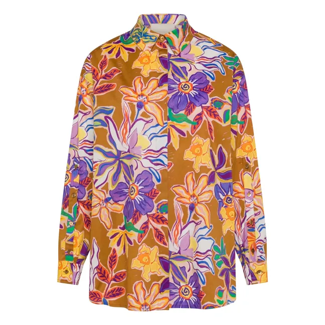 Camicia Iwaki in popeline di cotone stampato | Tabacco