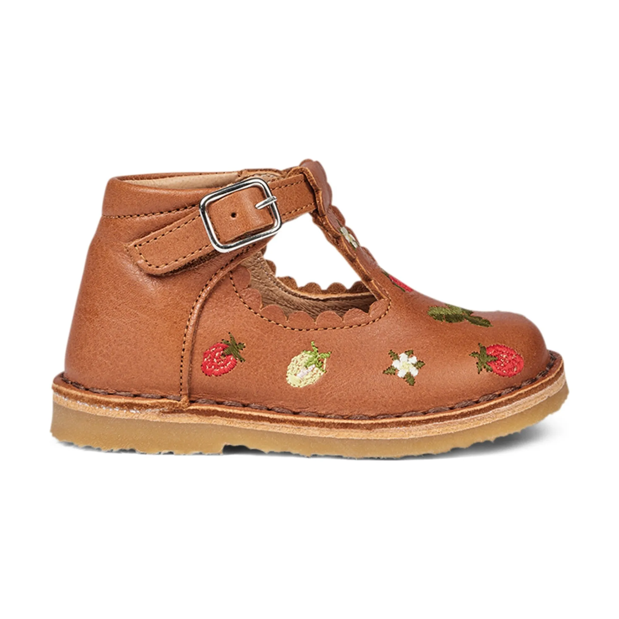 Petit Nord Cognac Strawberry Embroidered T-Bar Slingbacks - Uniqua Collection