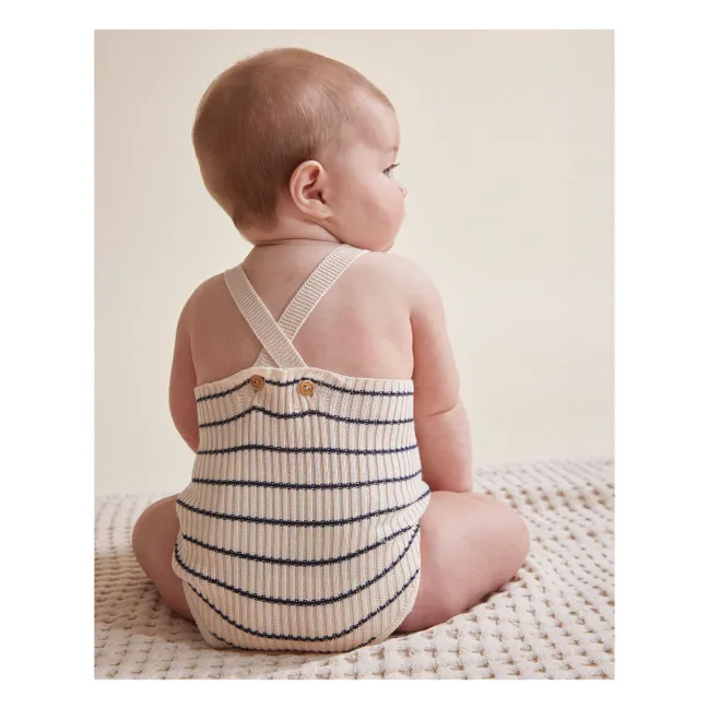 Organic cotton striped knit romper | Ecru