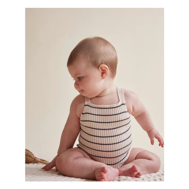 Organic cotton striped knit romper | Ecru
