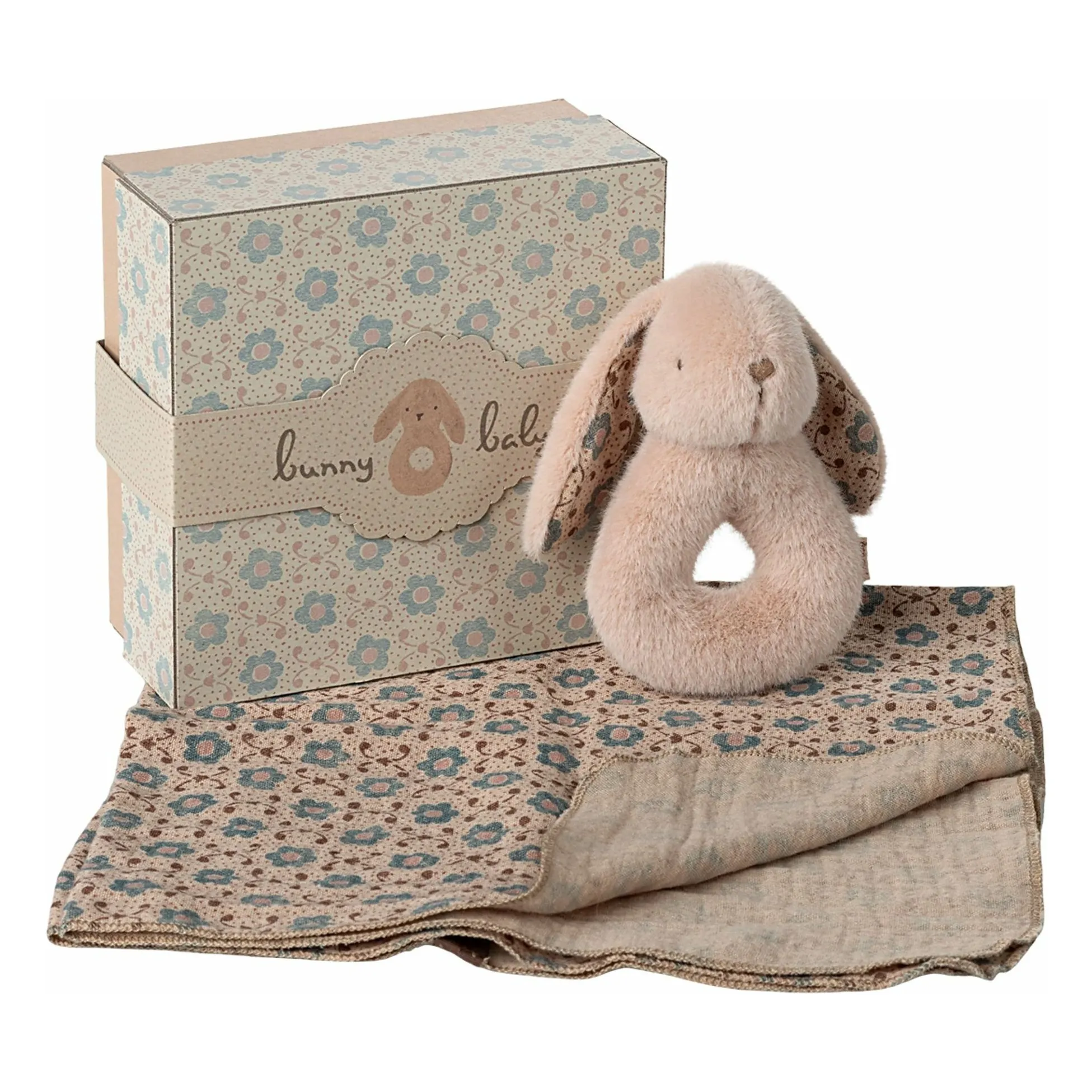 Maileg Powder Pink Birth Set - Rabbit Rattle And Diaper