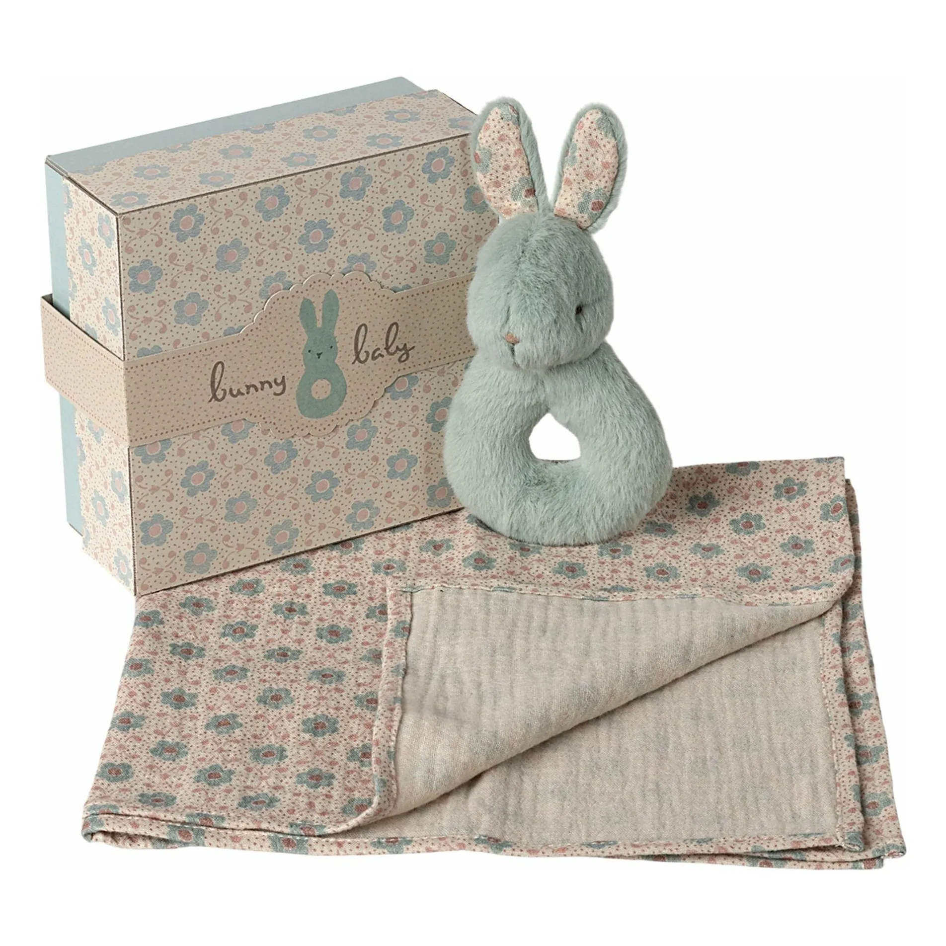 Maileg Mint Green Birth Set - Rabbit Rattle And Diaper