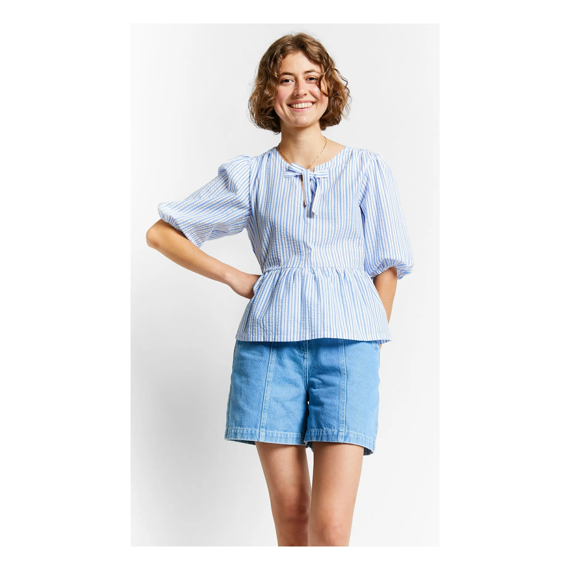 Indee Light Blue Striped Blouse 3/4 Sleeve Sweet