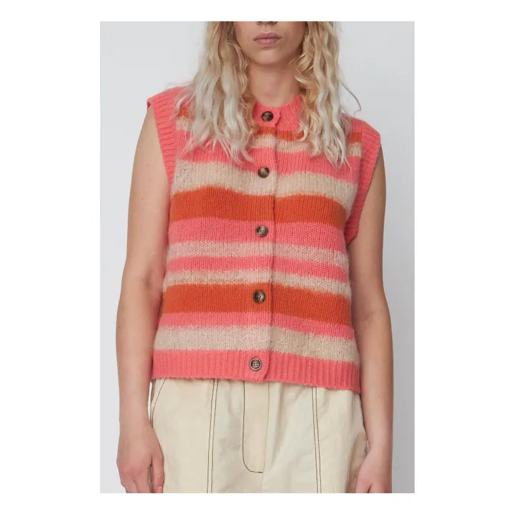 Wool and Mohair Stripe Sleeveless Cardigan | Pink- Product image n°0