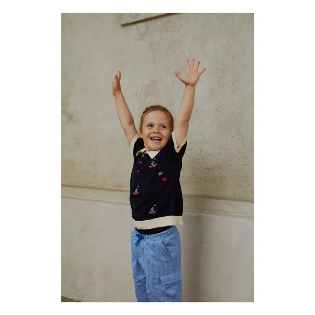 Fine Knit Embroidery Polo | Navy blue