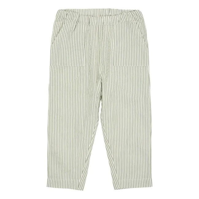 Pantalon Rayures Coton Bio | Vert amande