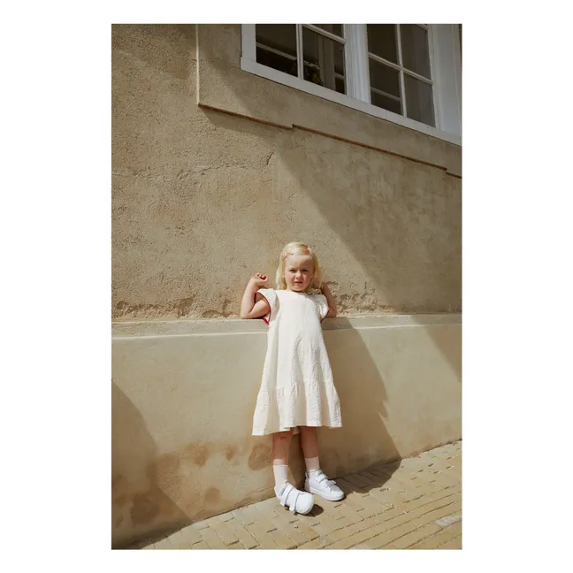 Kleid Streifen Volants Bio-Baumwolle | Blassrosa