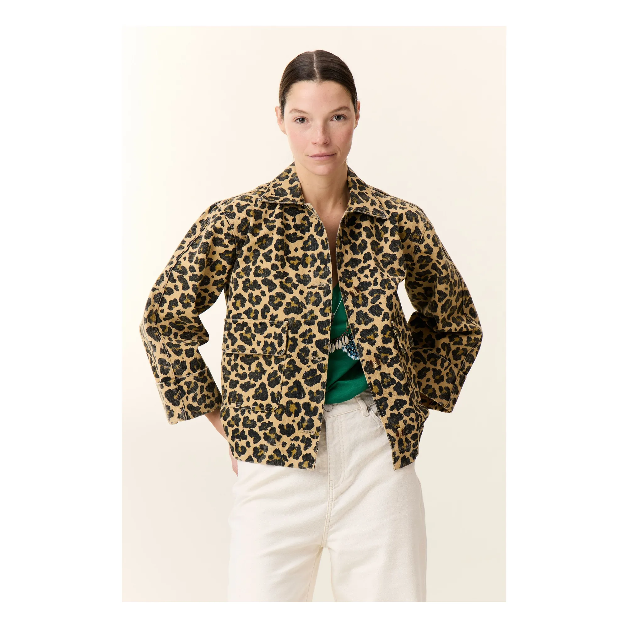 Leon & Harper Beige Vincy Leopard Organic Cotton Jacket