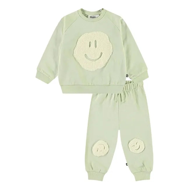 Conjunto de chándal y sudadera Smiley de algodón orgánico | Verde Almendra