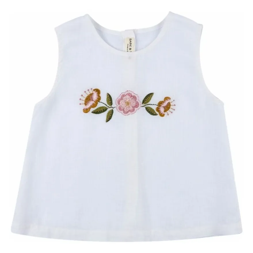 Babe & Tess White Linen Flower Top