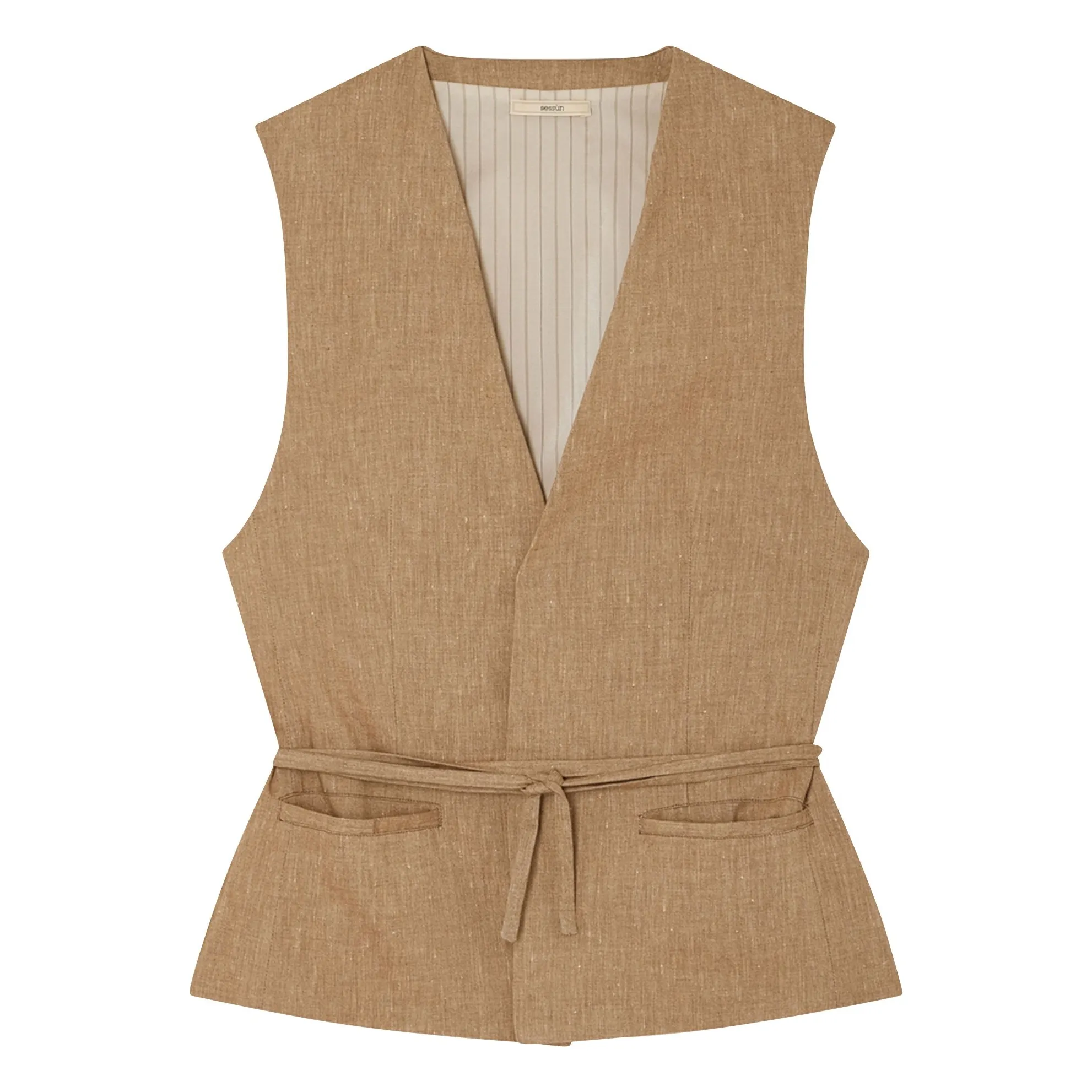 Sessùn Camel Marcello Linen Sleeveless Jacket