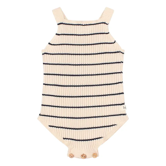 Organic cotton striped knit romper | Ecru