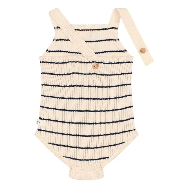 Organic cotton striped knit romper | Ecru
