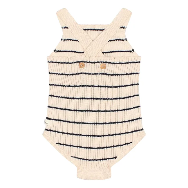 Organic cotton striped knit romper | Ecru