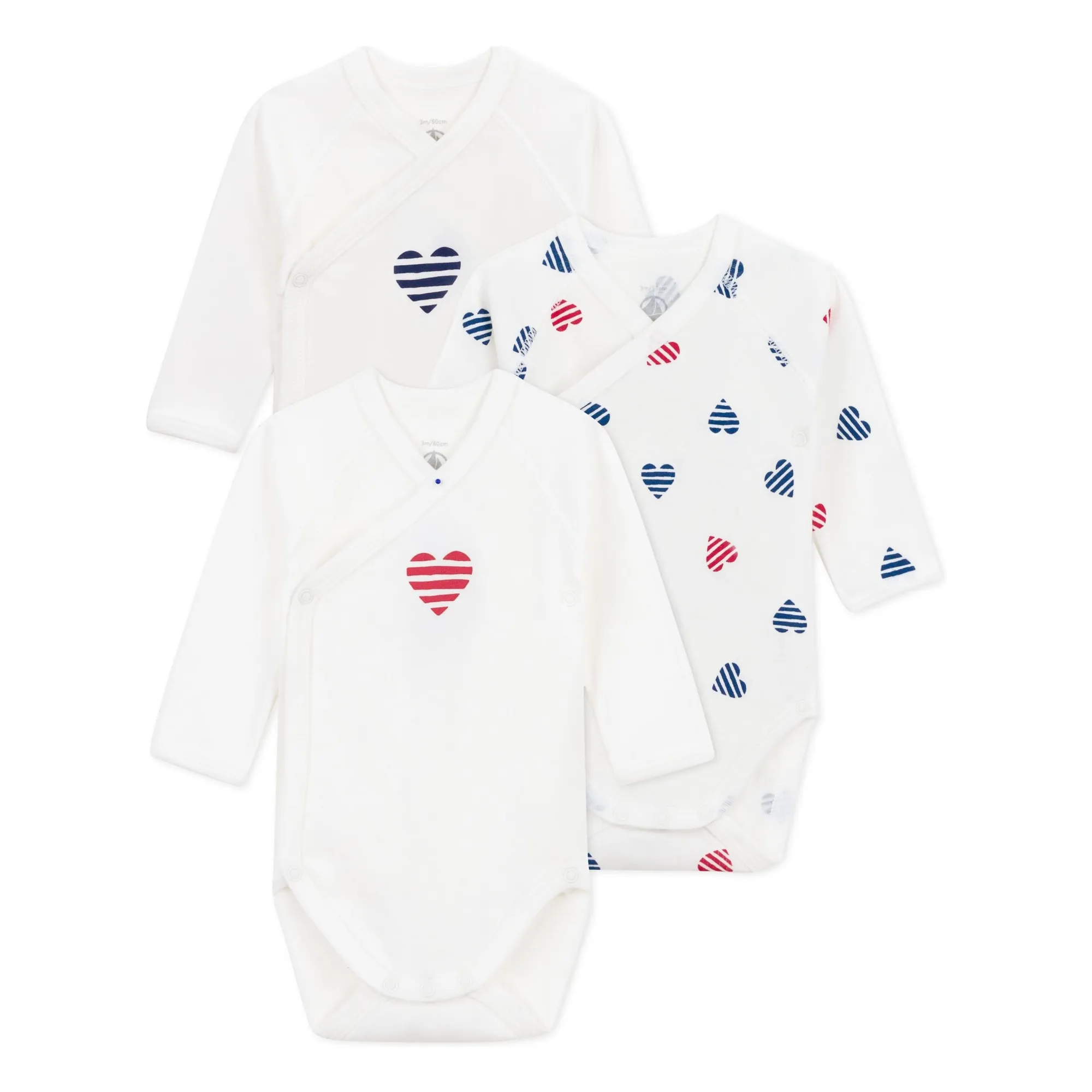 Petit Bateau Ecru Set Of 3 Striped Heart Organic Cotton Birth Bodies