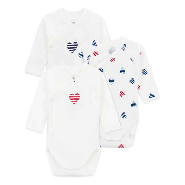 Set of 3 Striped Heart Organic Cotton Birth Bodies | Ecru