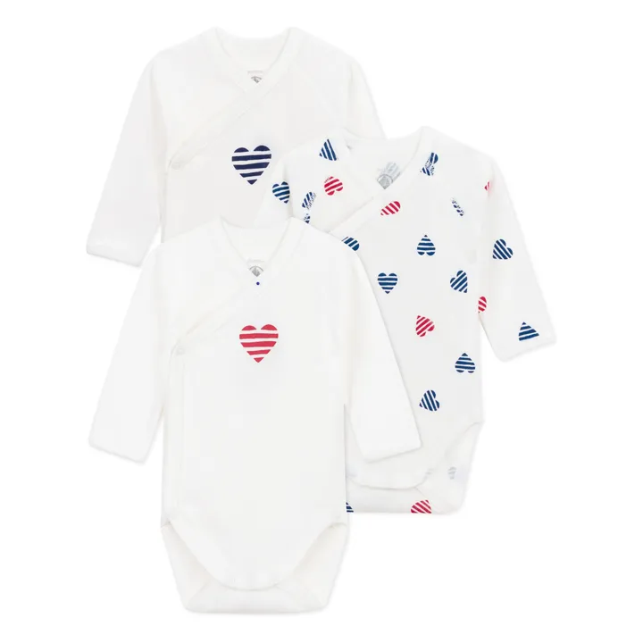 Set of 3 Striped Heart Organic Cotton Birth Bodies | Ecru- Product image n°0