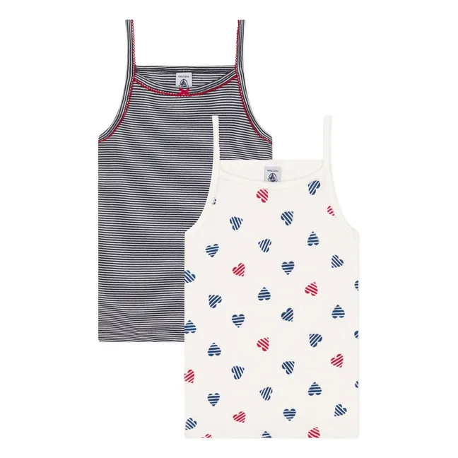 Lote de 2 camisetas de tirantes con corazones a rayas Algodón orgánico | Azul Marino