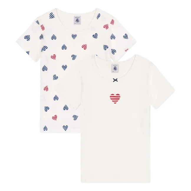 Lot 2 T-Shirts Cœur Rayé Coton Bio | Blanc