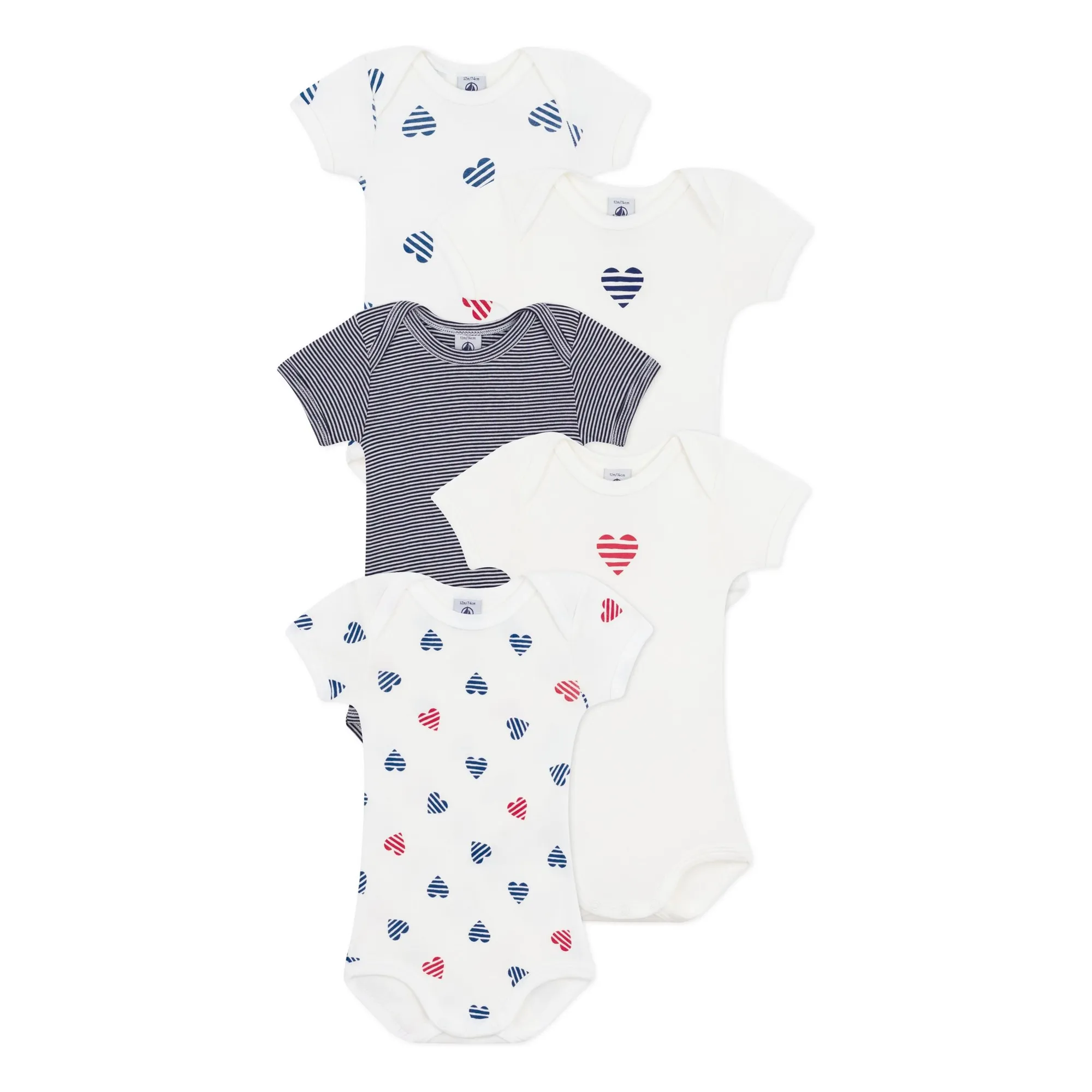Petit Bateau Ecru Pack Of 5 Striped Heart Organic Cotton Bodies