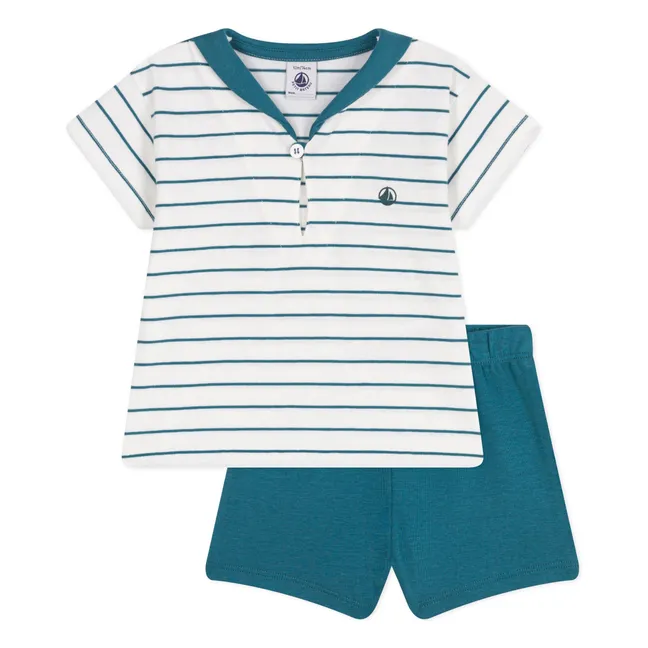 Ensemble T-Shirt et Short Barbier Coton Bio | Bleu canard