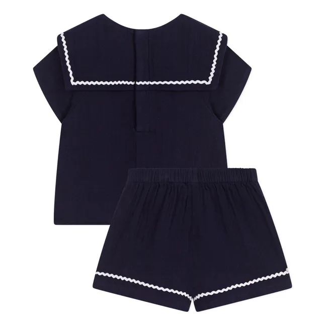 Conjunto de blusa y short de gasa de algodón Barbiga Bi | Azul Marino