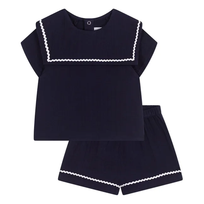 Conjunto de blusa y short de gasa de algodón Barbiga Bi | Azul Marino