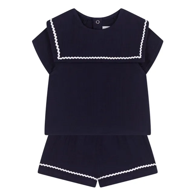 Conjunto de blusa y short de gasa de algodón Barbiga Bi | Azul Marino