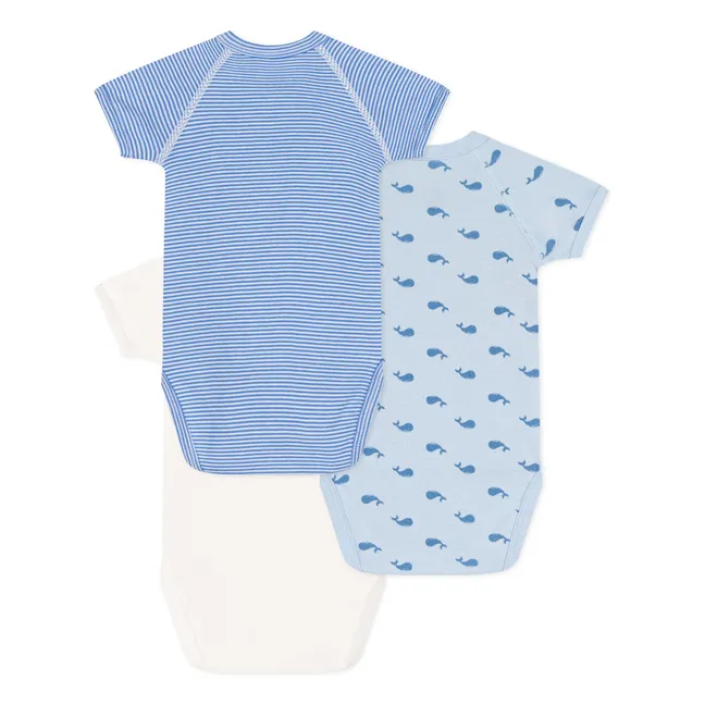 Set de 3 Bodys de Nacimiento Ballena de Algodón Ecológico | Azul
