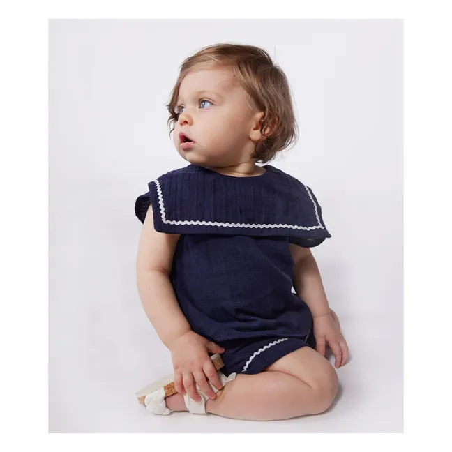 Barbiga Cotton Gauze Bi Blouse and Shorts Set | Navy blue