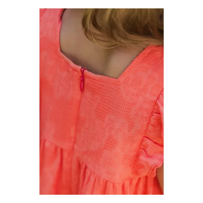 Besticktes Kleid mit Volants | Korallenfarben