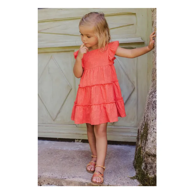 Besticktes Kleid mit Volants | Korallenfarben