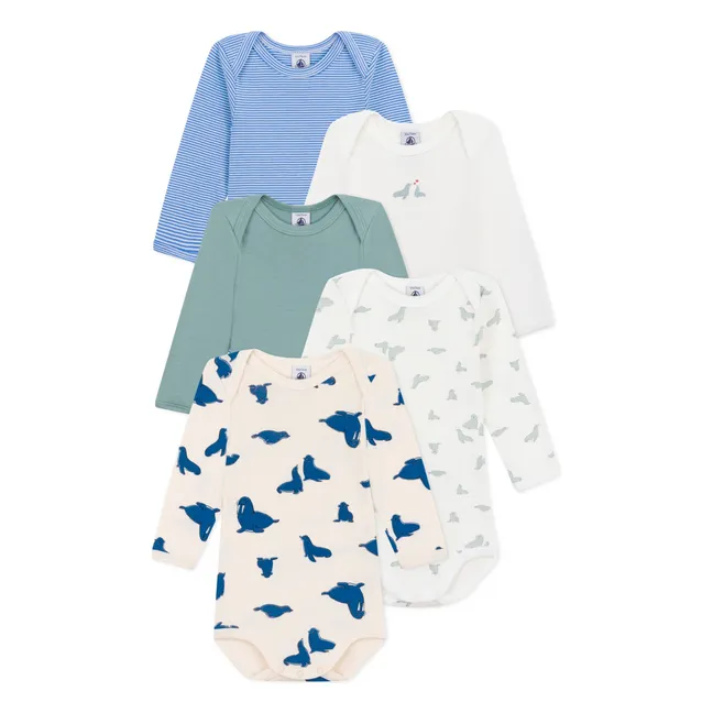 Lot 5 Bodies Phoques Coton Bio | Bleu